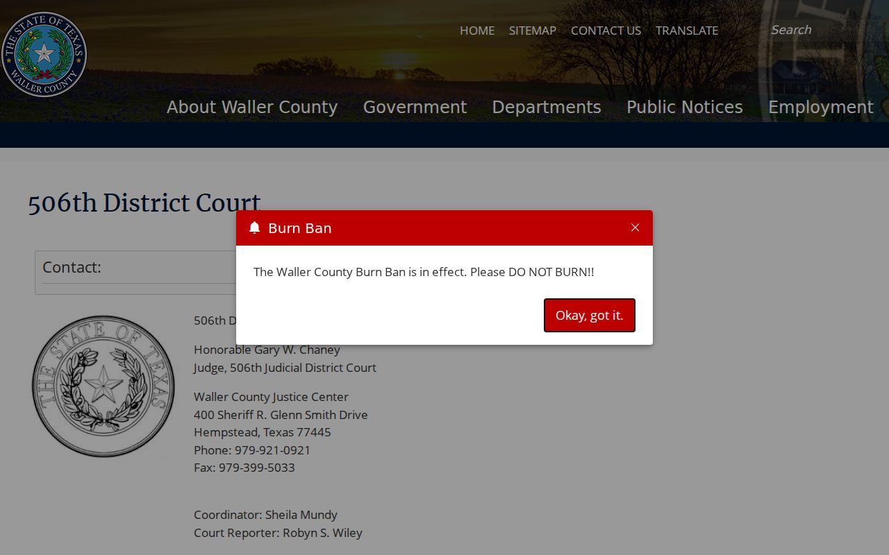 Waller County arrest warrant route, 506th District Court information