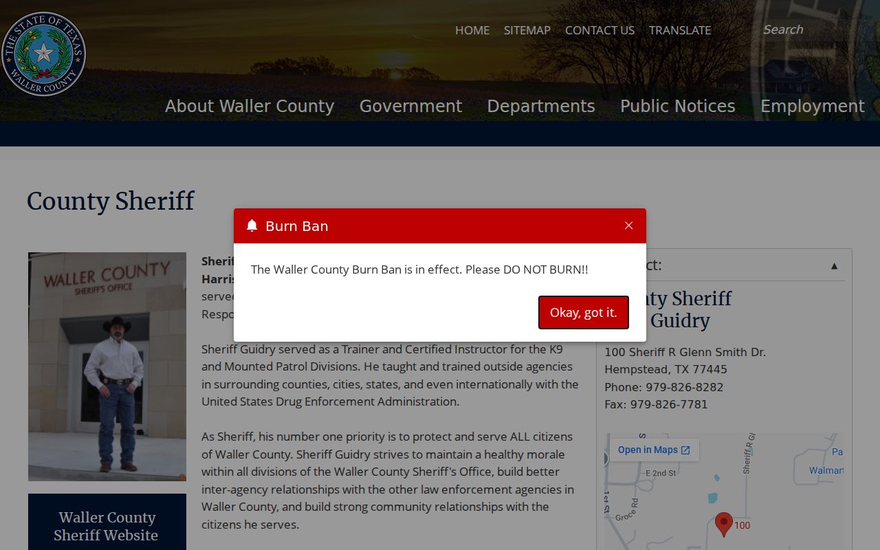 Waller County warrant records, official sheriff directory contact