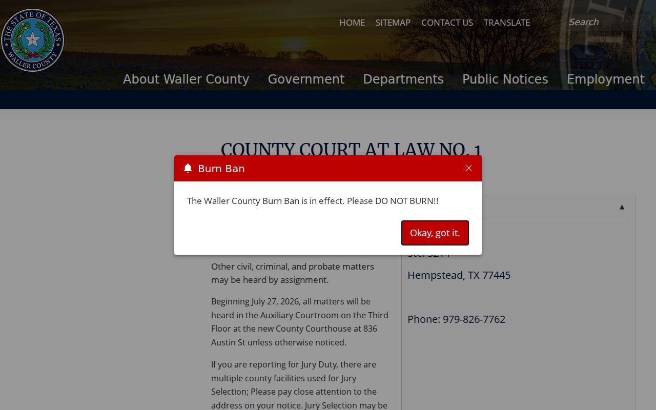 Waller County warrant search court route through County Court at Law 1