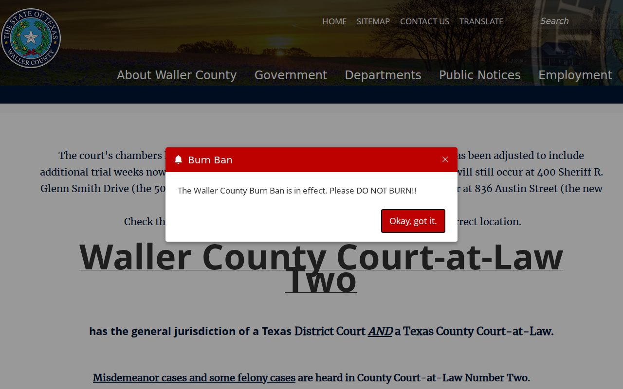 Waller County arrest warrant and misdemeanor route, County Court at Law 2 information