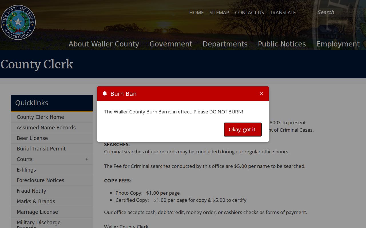 Waller County warrant records search, County Clerk criminal search access