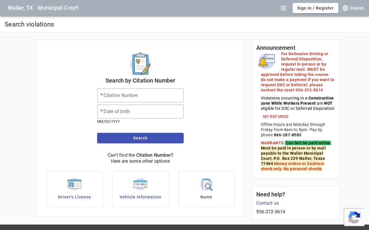 Waller County city traffic warrant lookup modes for citation, person, and vehicle
