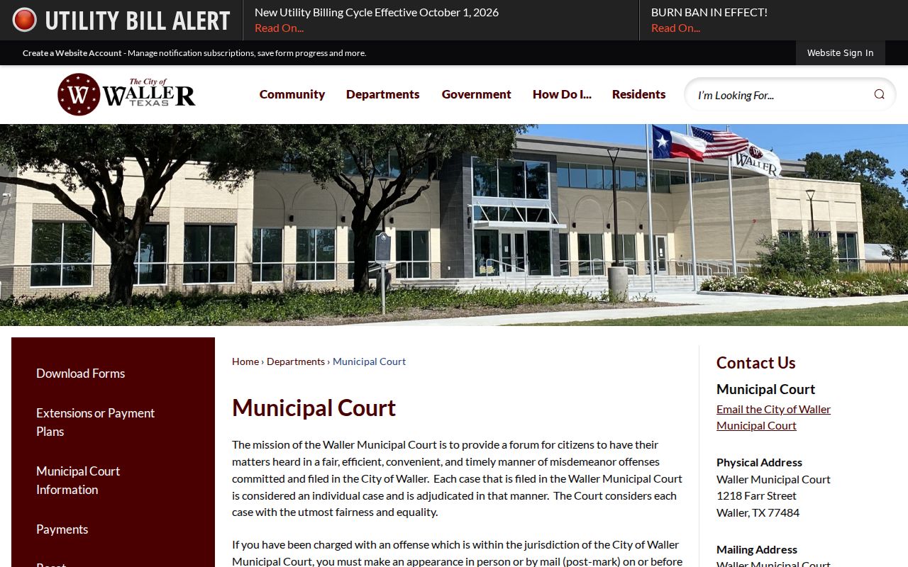 Waller County municipal court warrant route, City of Waller court page