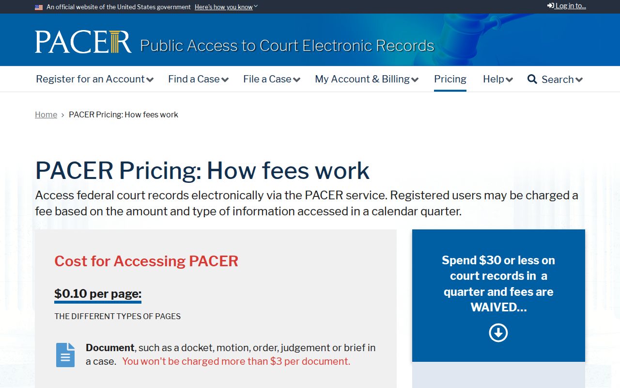 Waller County federal arrest warrant docket access and PACER fee information
