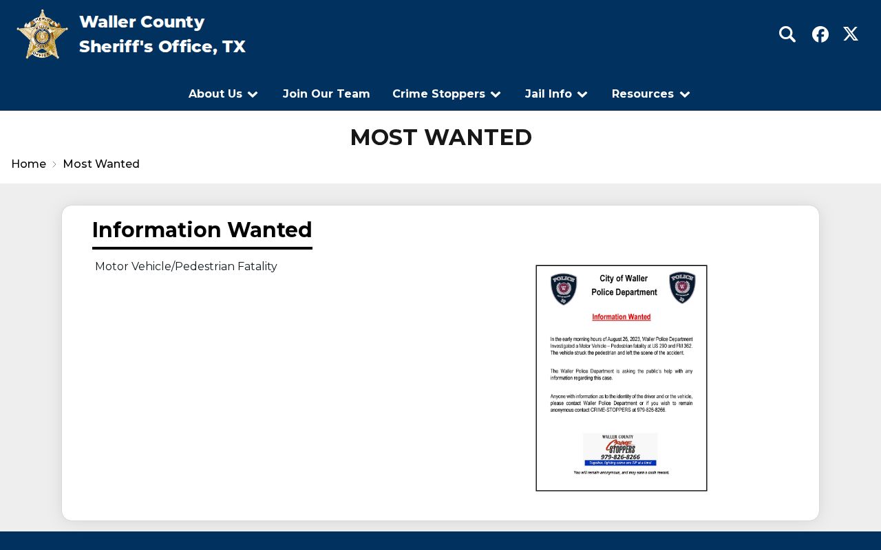 Waller County most-wanted warrant program and official sheriff page interface