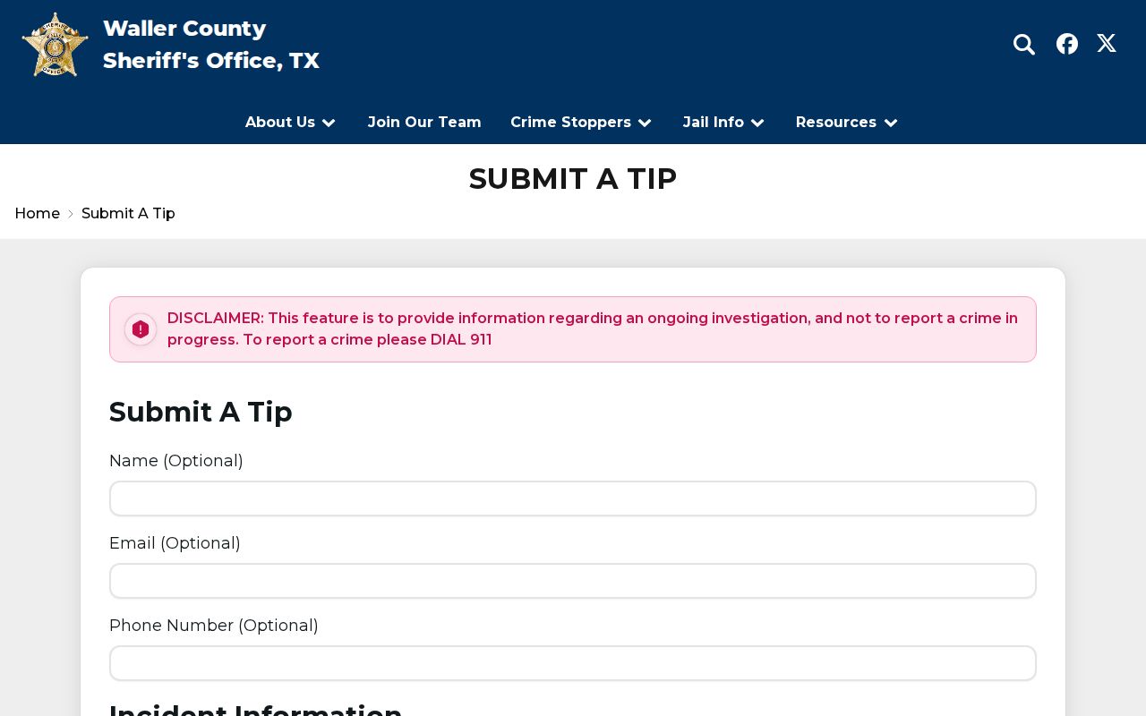 Waller County most-wanted warrant tip-submission interface linked by the sheriff